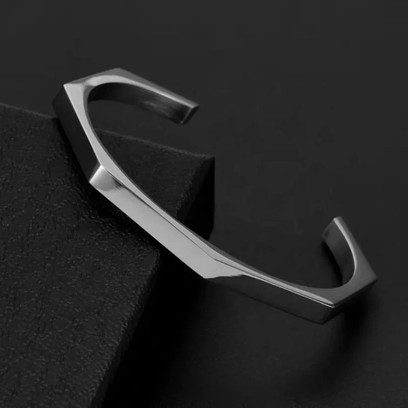 Stainless Steel Hexagon Cuff Bangle. Men's Luxury Bracelet.