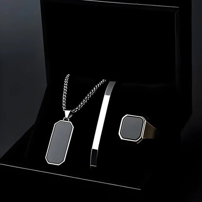 Black Onyx Men’s Luxury Jewelry Set – Necklace, Bracelet & Ring